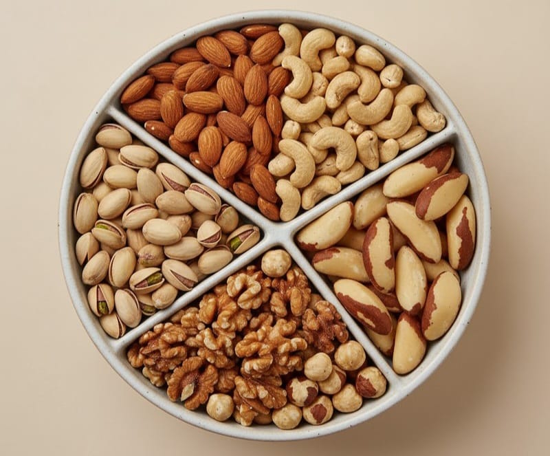 Premium mixed dry fruits plate with almond, cashew, raisins and walnut