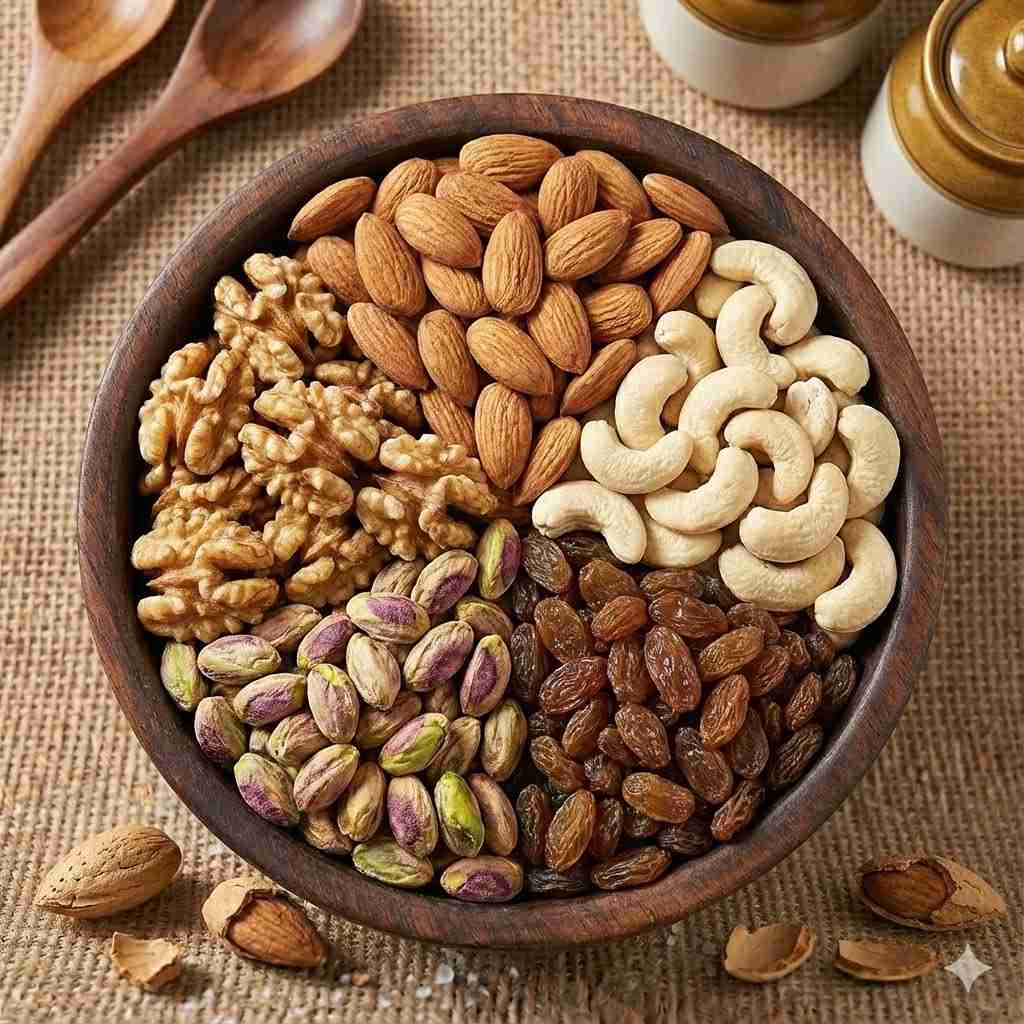 Premium mixed dry fruits plate with almond, cashew, raisins and walnut