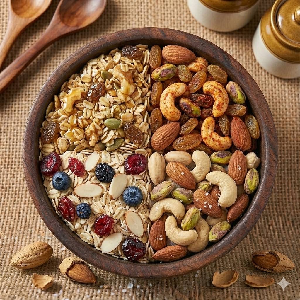 Assorted healthy foods including nuts seeds berries and fruits